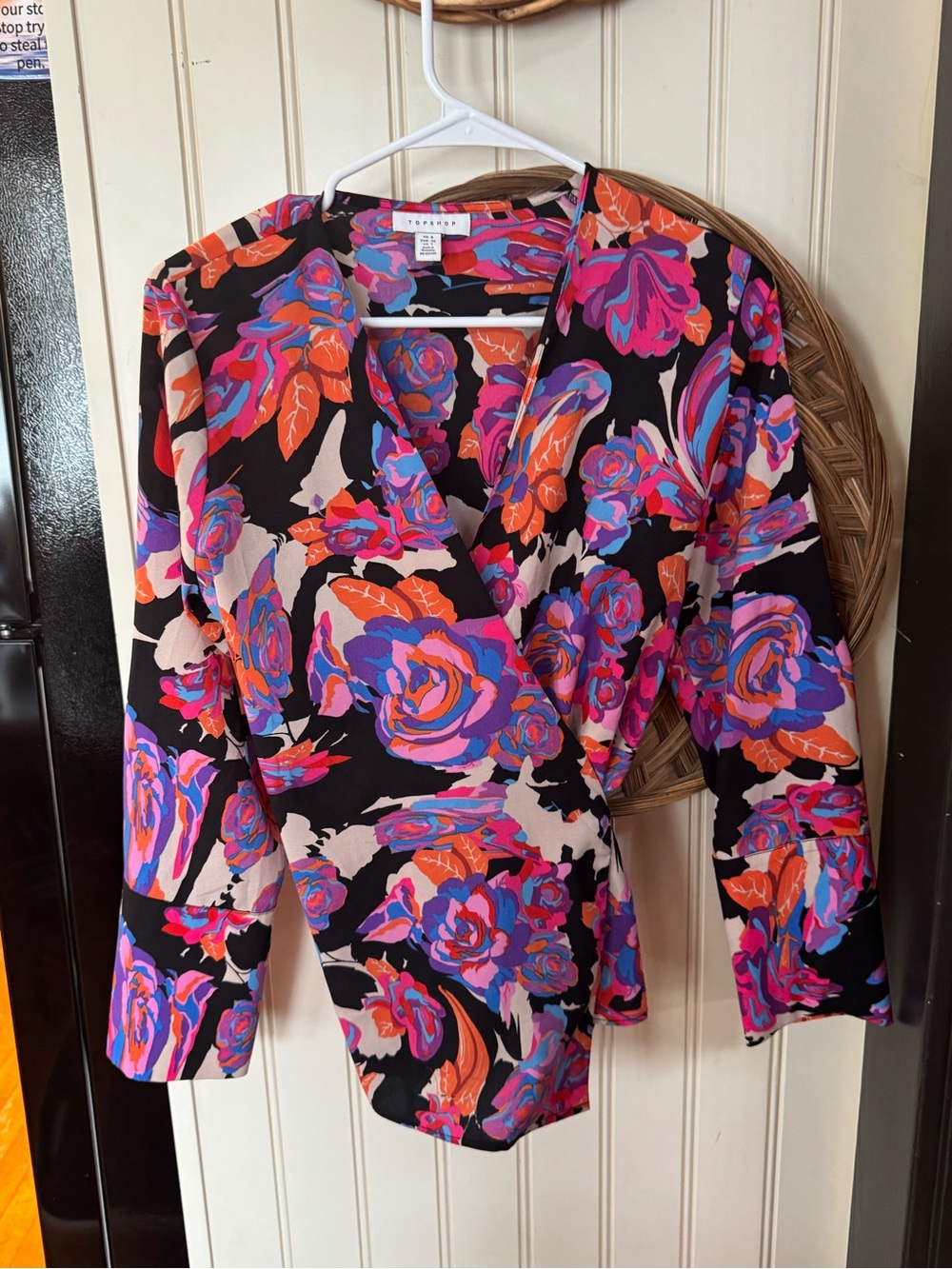 Topshop Bold Black Wrap Blouse with Pink & Orange Floral